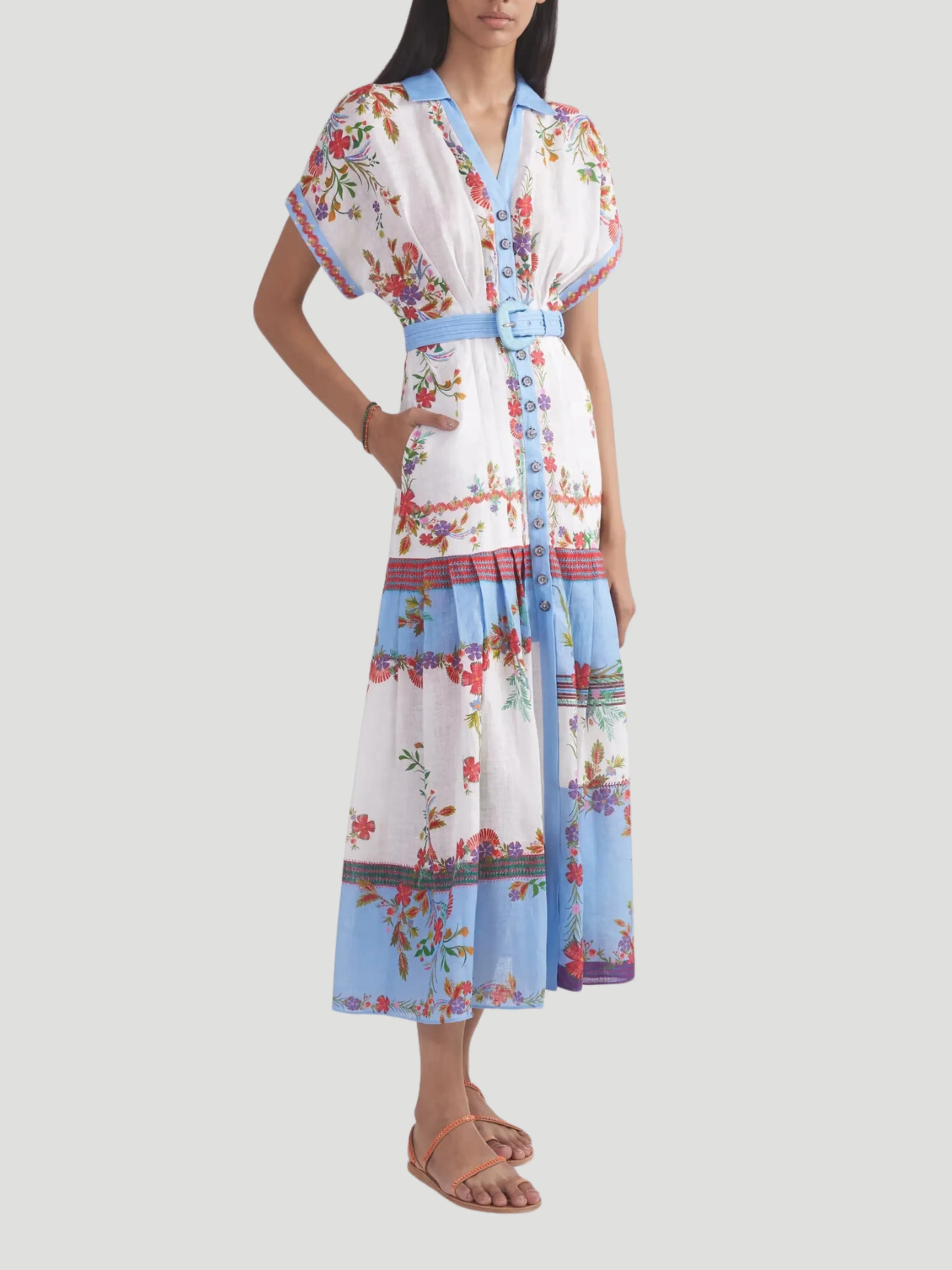 Riya-B Floral Shirt Midi Dress with Short Sleeves