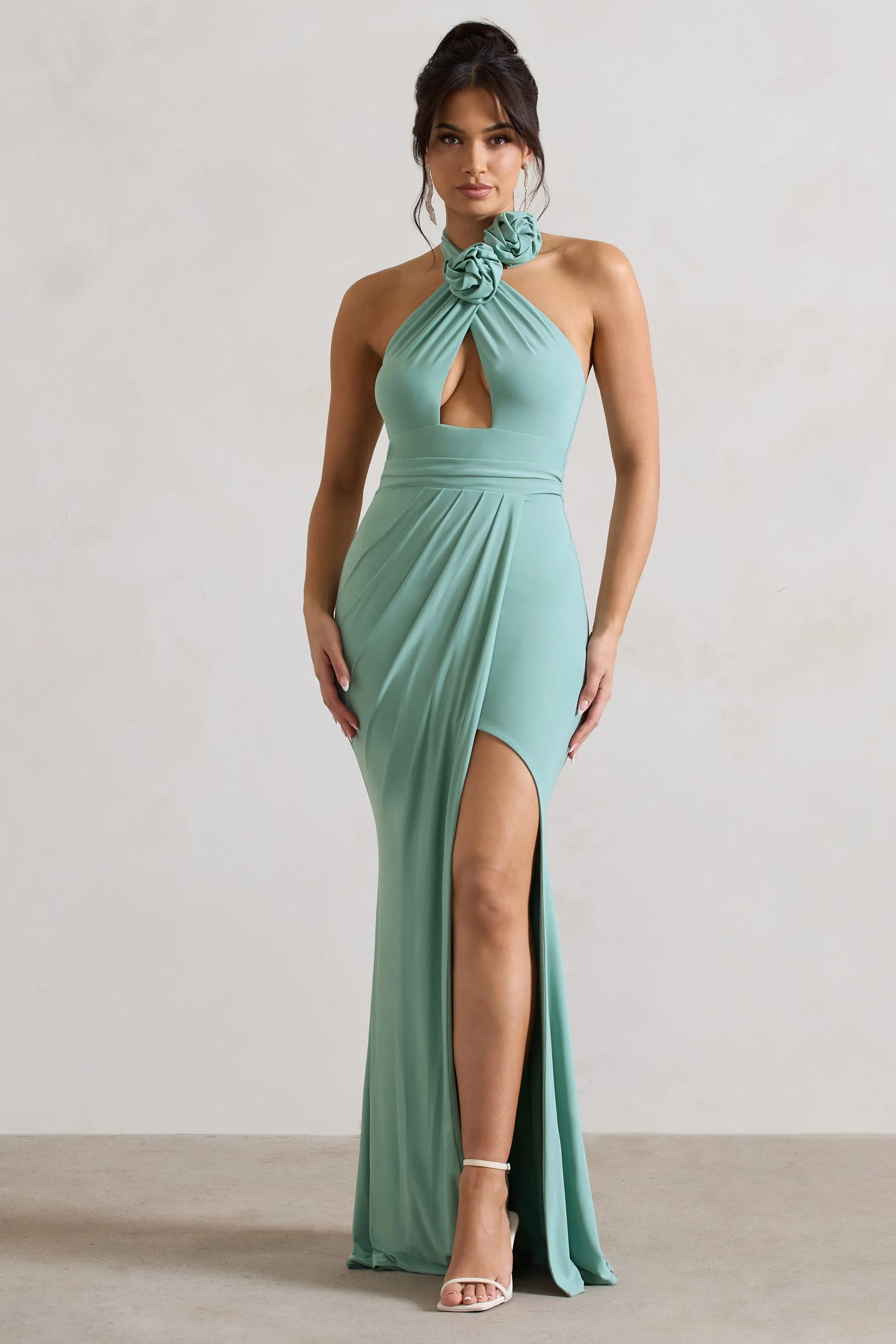 Sage Maxi Dress with Floral Details and Halter-Neck Cut-Out by Kira