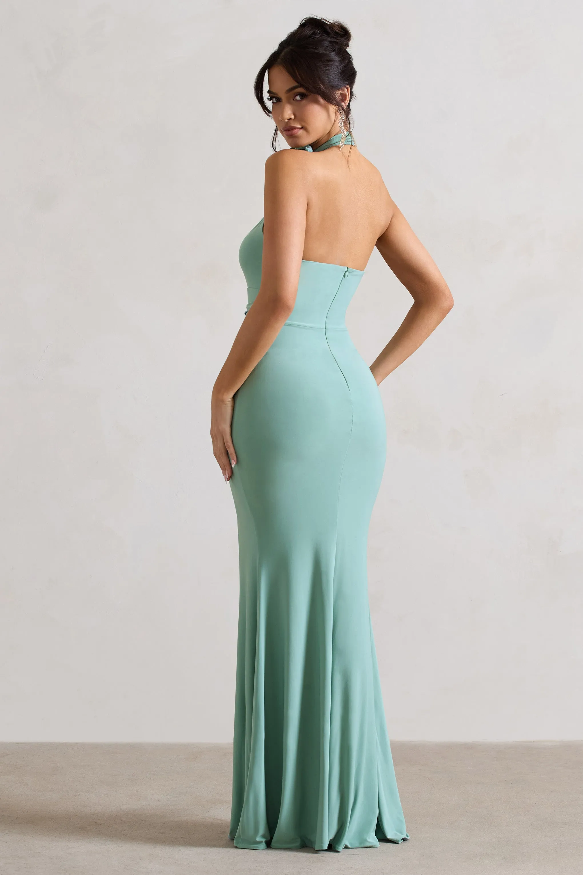 Sage Maxi Dress with Floral Details and Halter-Neck Cut-Out by Kira