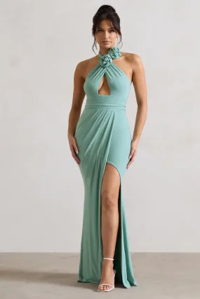 Sage Maxi Dress with Floral Details and Halter-Neck Cut-Out by Kira