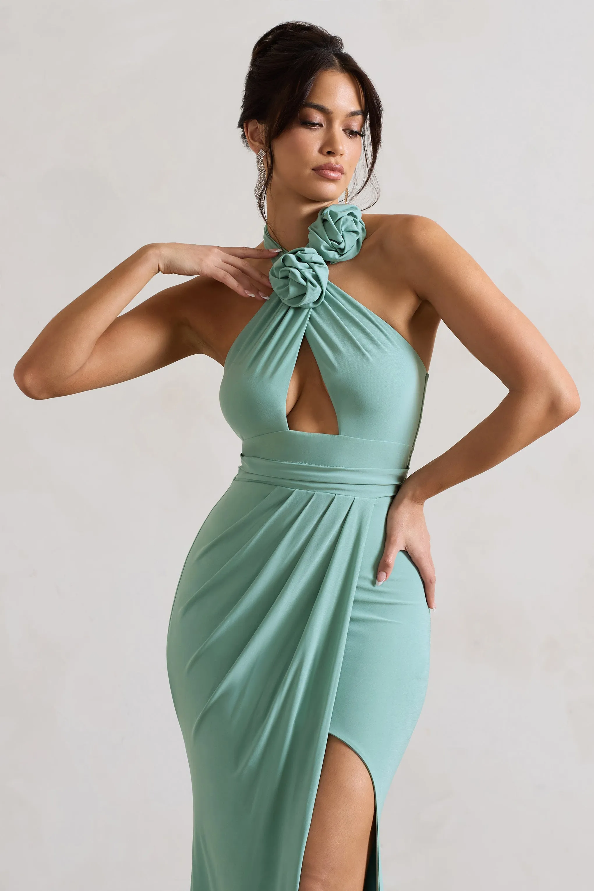 Sage Maxi Dress with Floral Details and Halter-Neck Cut-Out by Kira