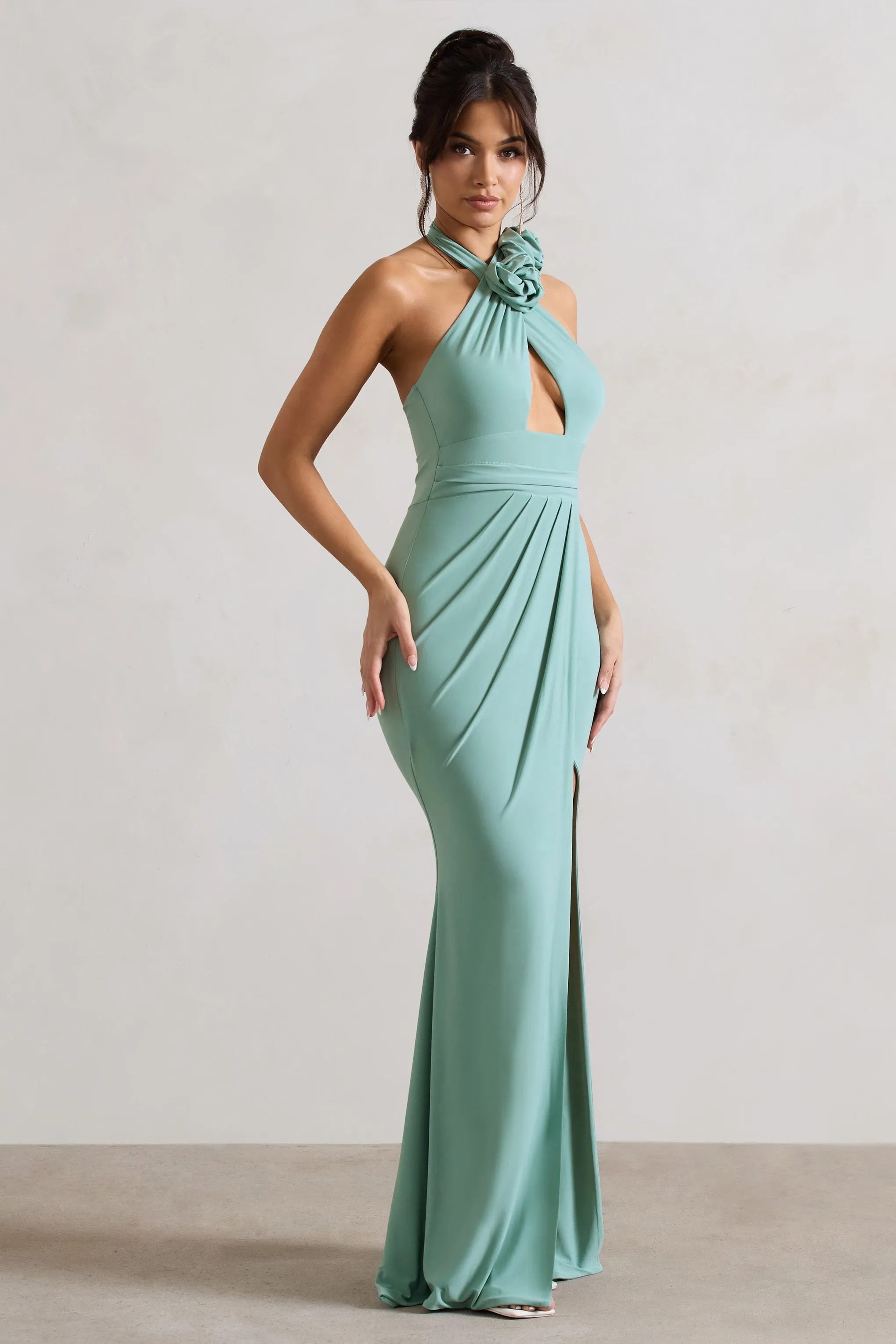 Sage Maxi Dress with Floral Details and Halter-Neck Cut-Out by Kira