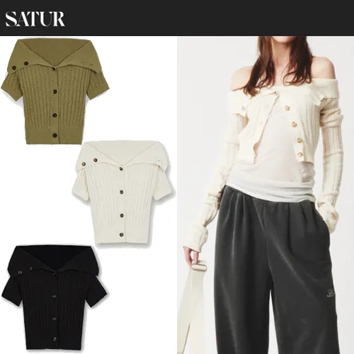 SATUR Street Style Short Sleeves Elegant Style Logo Cardigans