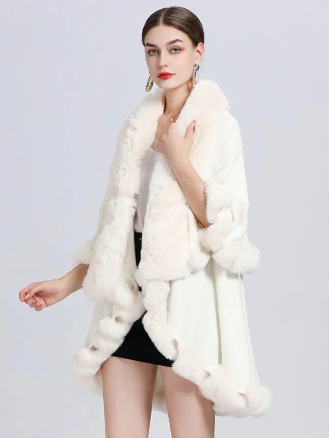 Spring Women's Poncho with Faux Fur Collar Cape Outerwear