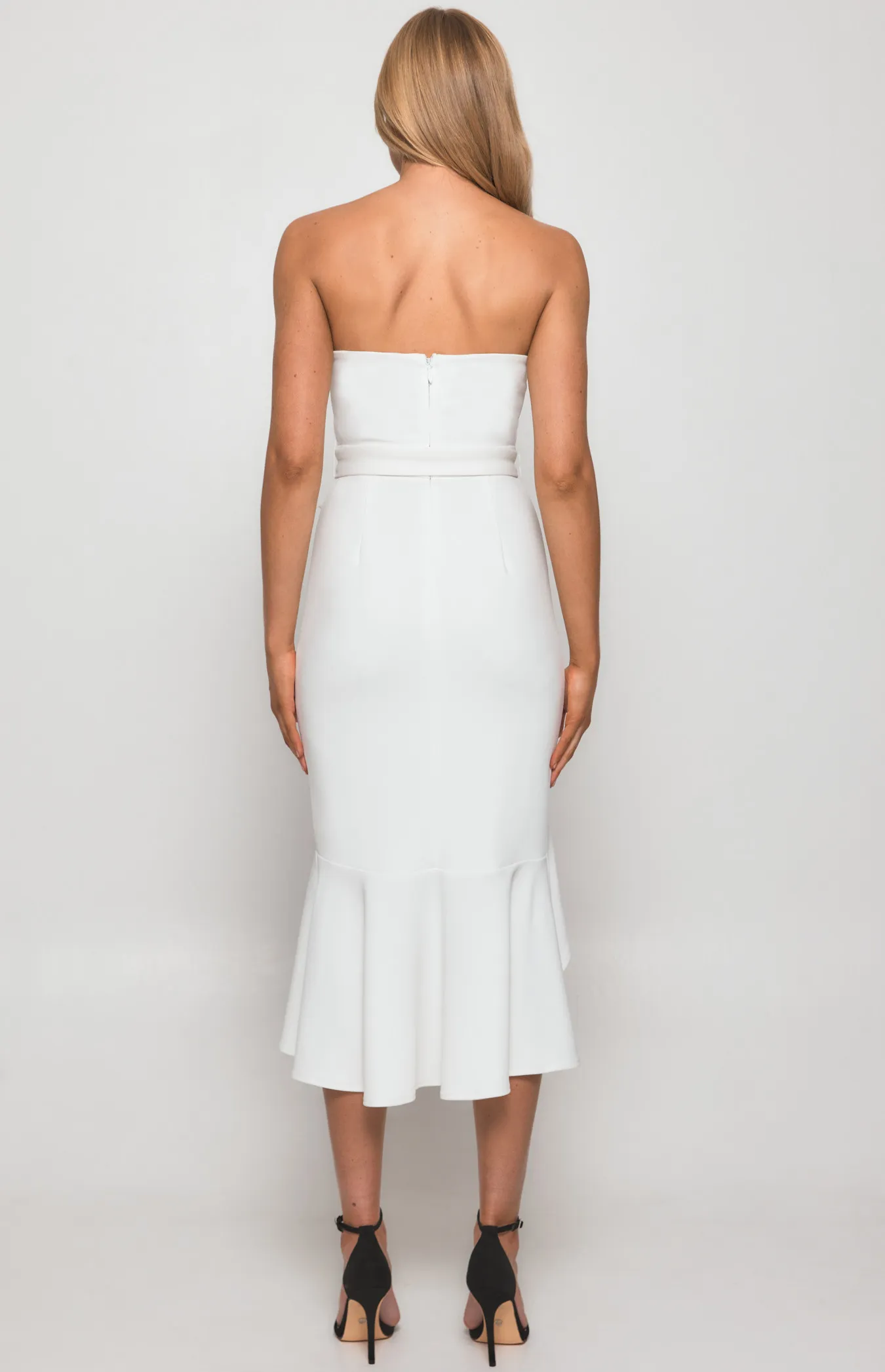 Strapless Midi Dress with Cascade Frill Hem