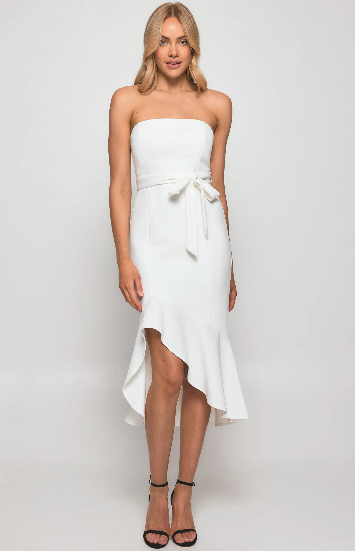 Strapless Midi Dress with Cascade Frill Hem