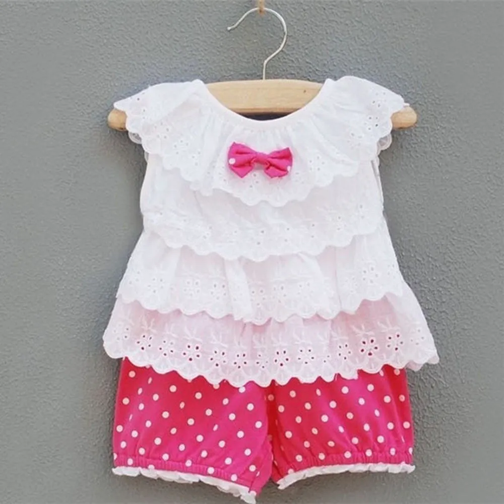 Sweet Baby Girls 2 Piece Outfit Set with Ruffle Top and Polka Dot Pants - SM6