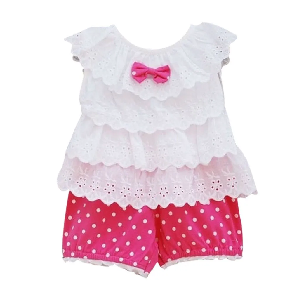 Sweet Baby Girls 2 Piece Outfit Set with Ruffle Top and Polka Dot Pants - SM6