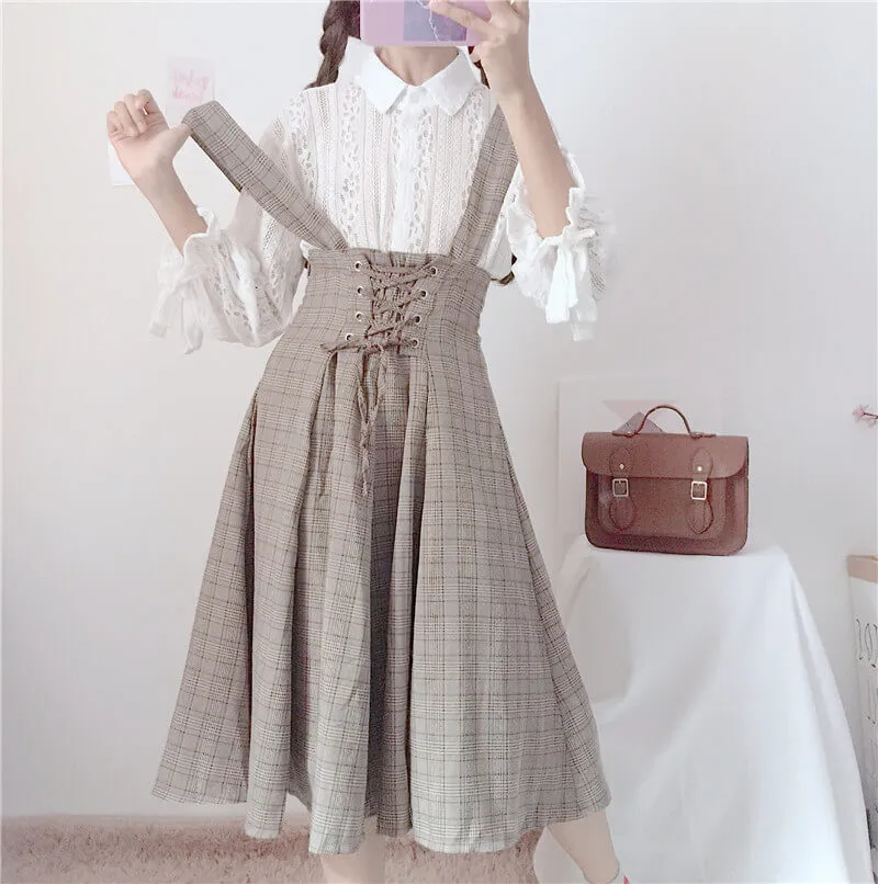 Sweet Japanese Lace Shirt with Plaid Suspenders Dress - BY98052