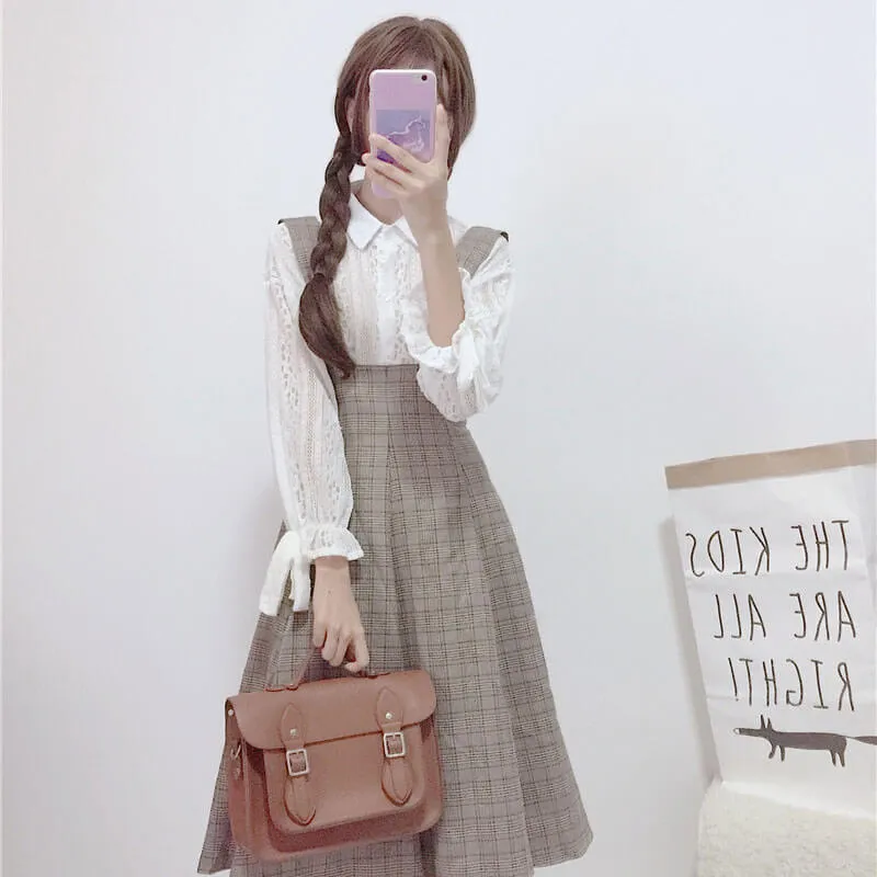 Sweet Japanese Lace Shirt with Plaid Suspenders Dress - BY98052