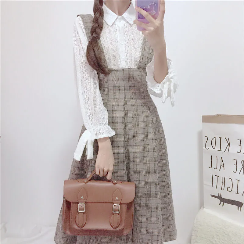 Sweet Japanese Lace Shirt with Plaid Suspenders Dress - BY98052