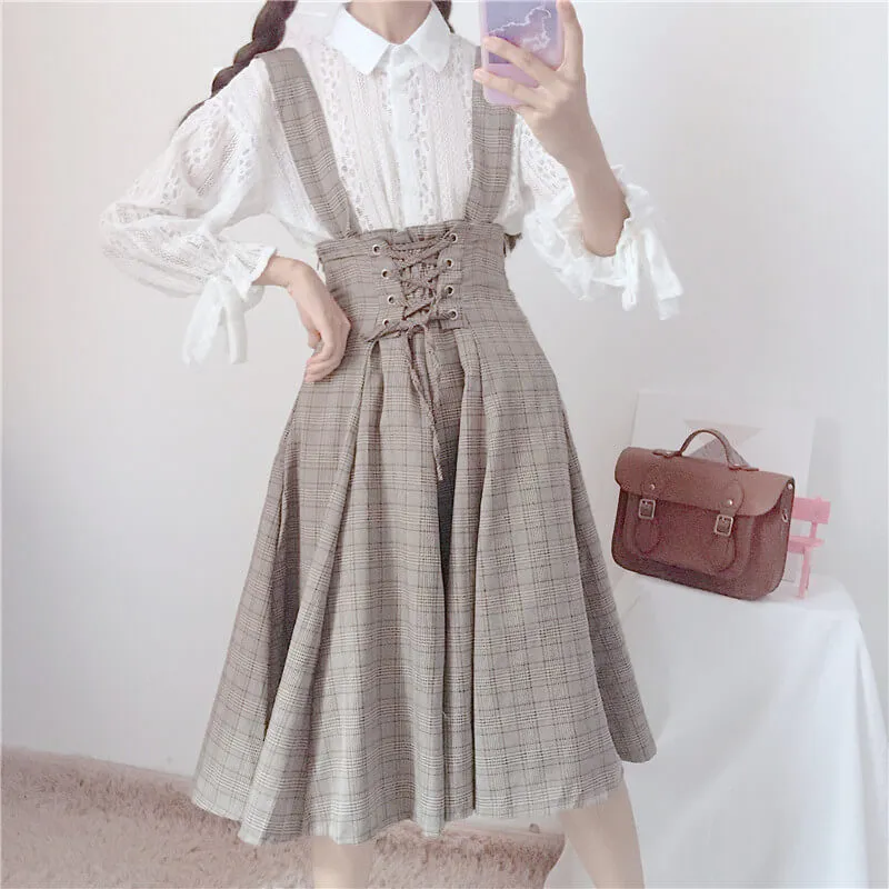 Sweet Japanese Lace Shirt with Plaid Suspenders Dress - BY98052