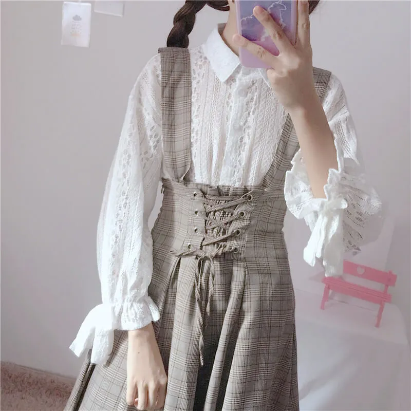 Sweet Japanese Lace Shirt with Plaid Suspenders Dress - BY98052