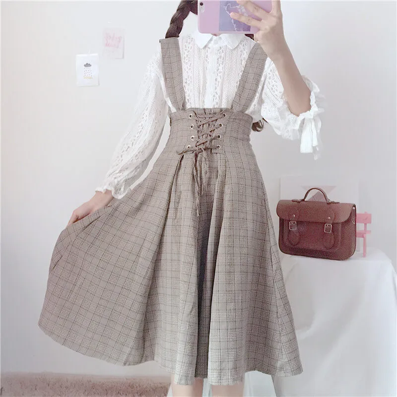 Sweet Japanese Lace Shirt with Plaid Suspenders Dress - BY98052