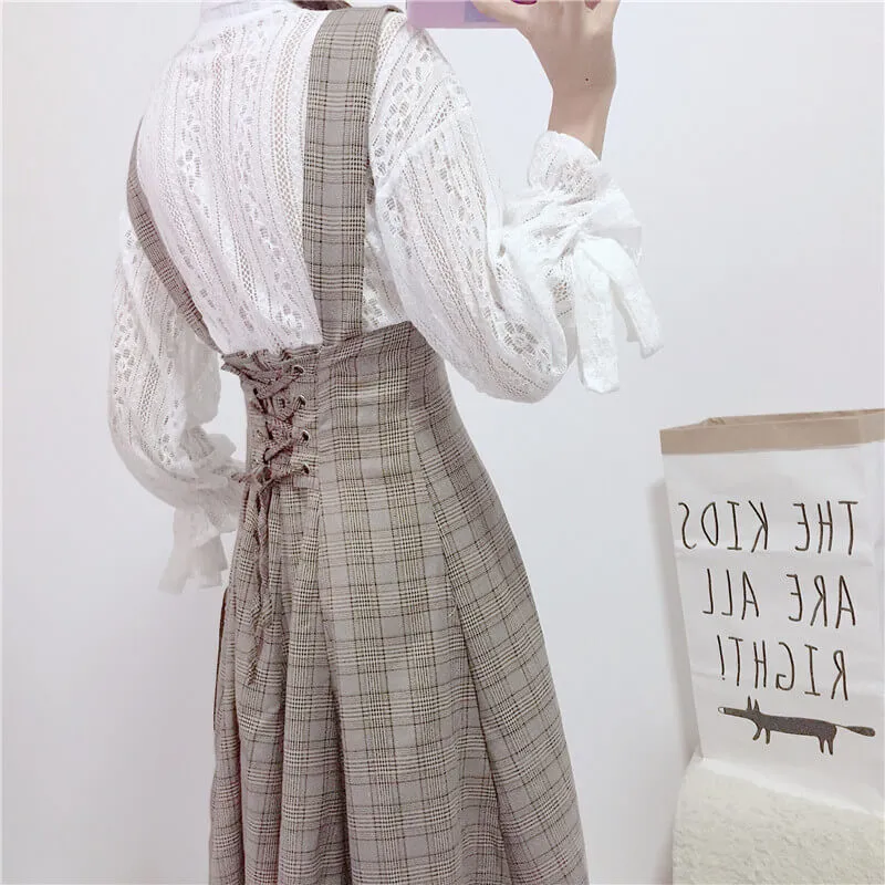 Sweet Japanese Lace Shirt with Plaid Suspenders Dress - BY98052