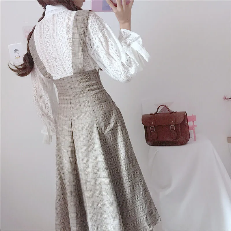 Sweet Japanese Lace Shirt with Plaid Suspenders Dress - BY98052