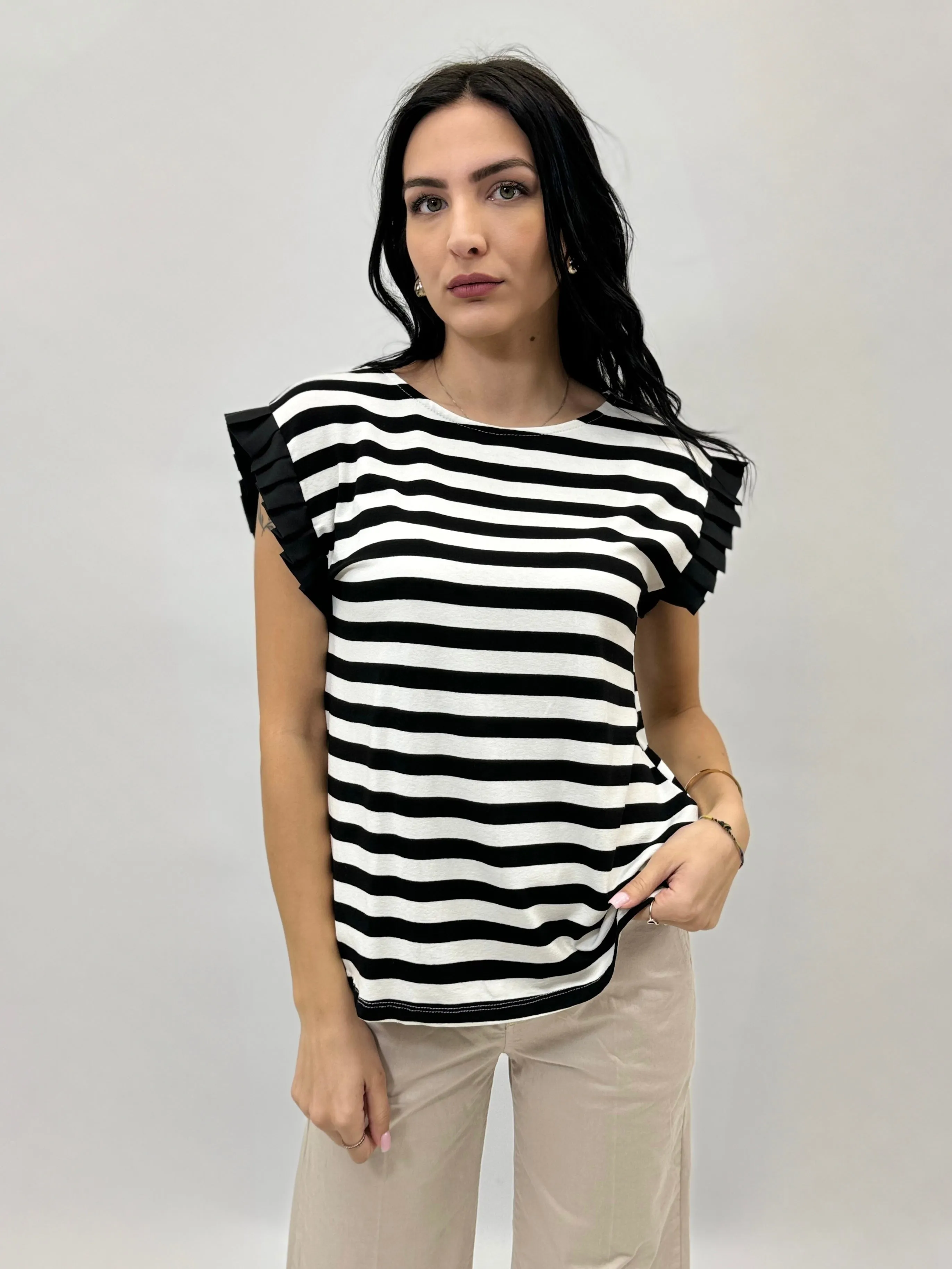 Striped T-shirt with sleeve detail.