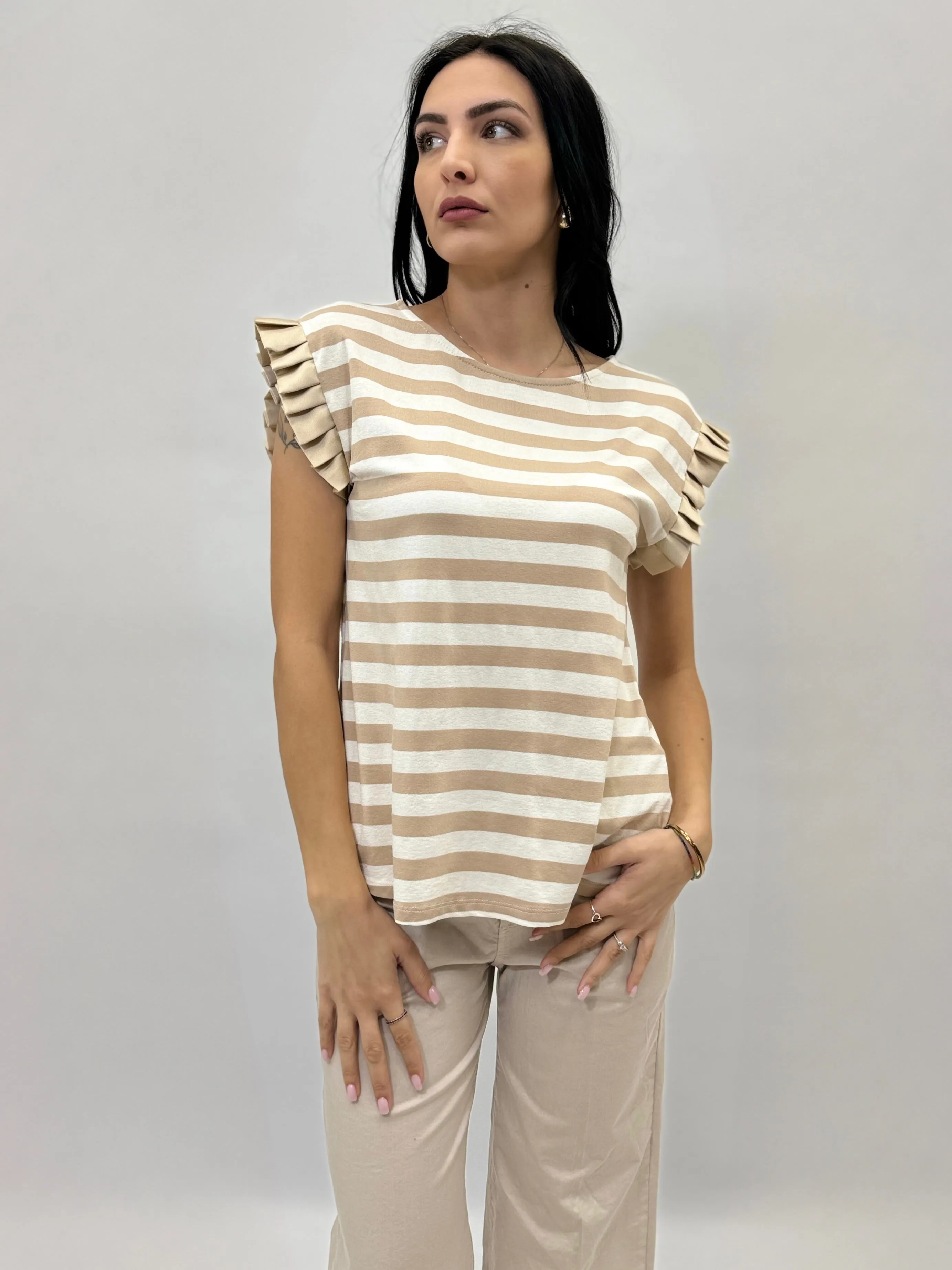 Striped T-shirt with sleeve detail.