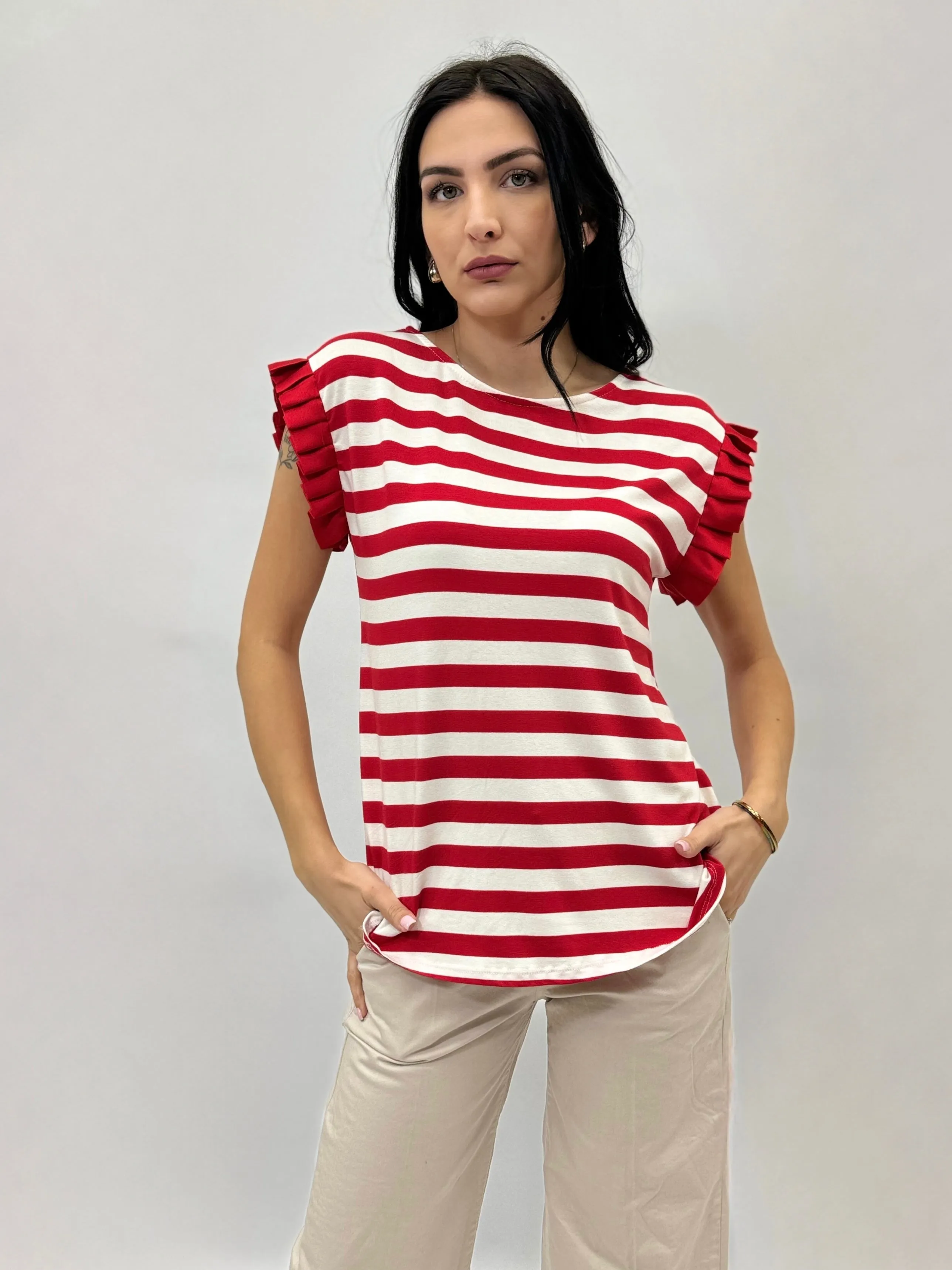 Striped T-shirt with sleeve detail.