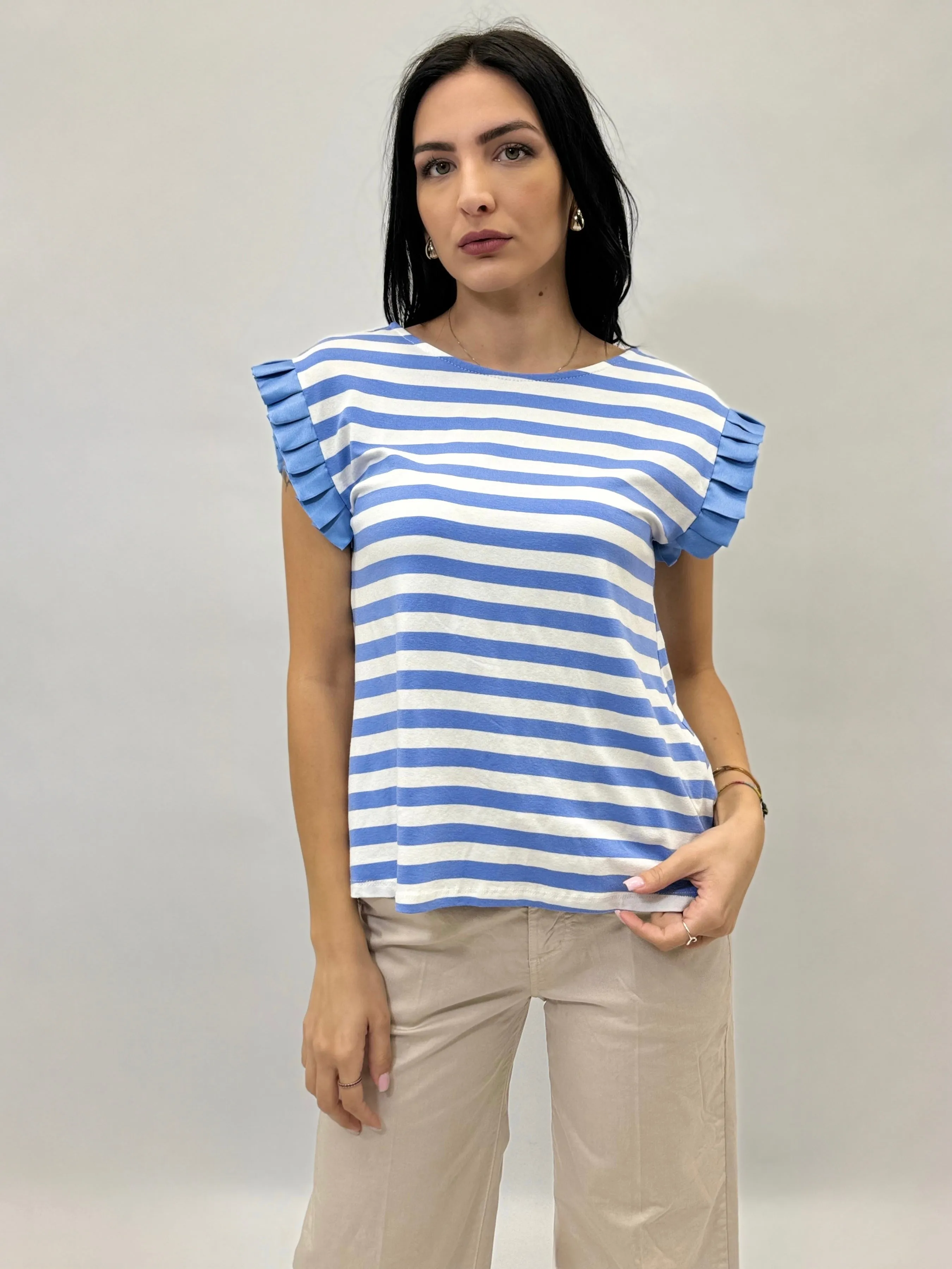 Striped T-shirt with sleeve detail.