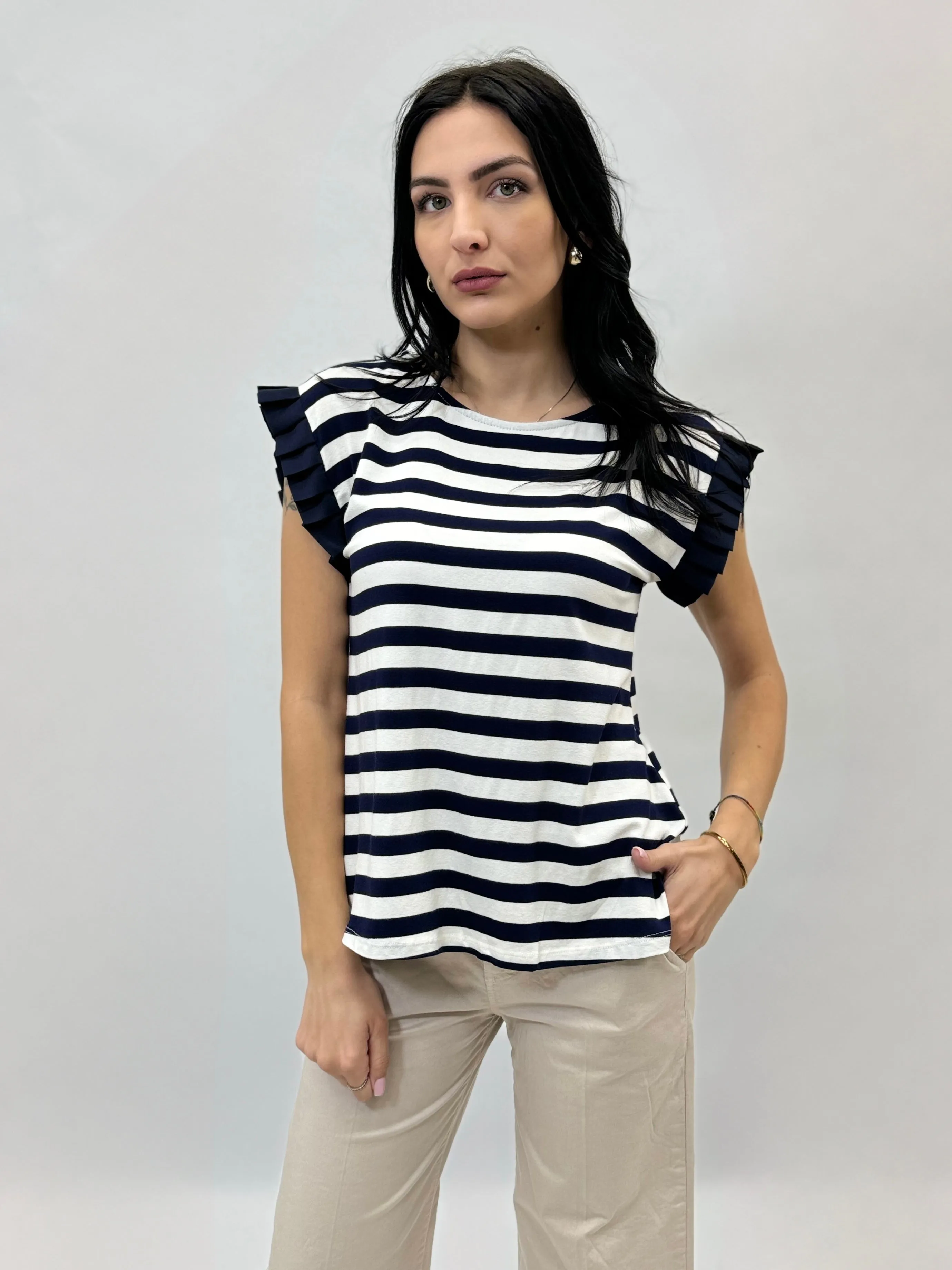 Striped T-shirt with sleeve detail.