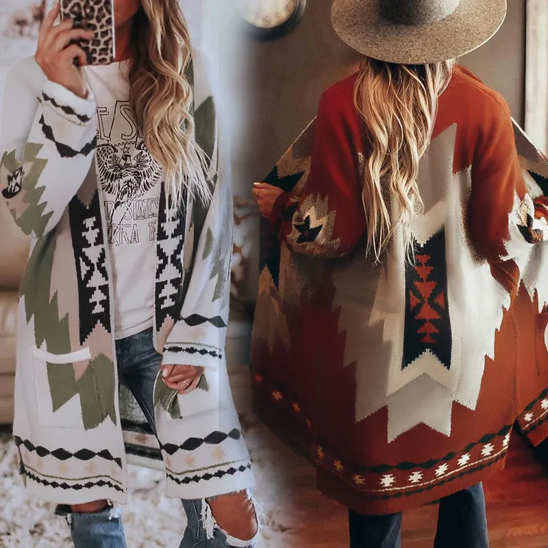 Cozy Tribal Knit Cardigan Sweater Coat Top