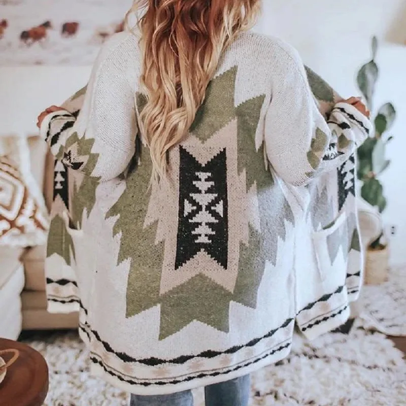 Cozy Tribal Knit Cardigan Sweater Coat Top