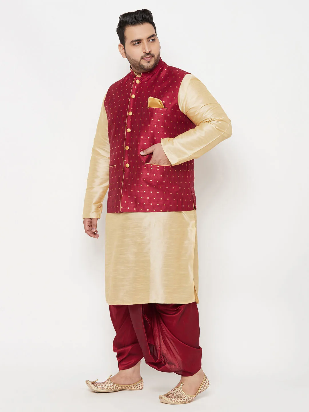 Men's Maroon Zari Nehru Jacket With Kurta Dhoti Set