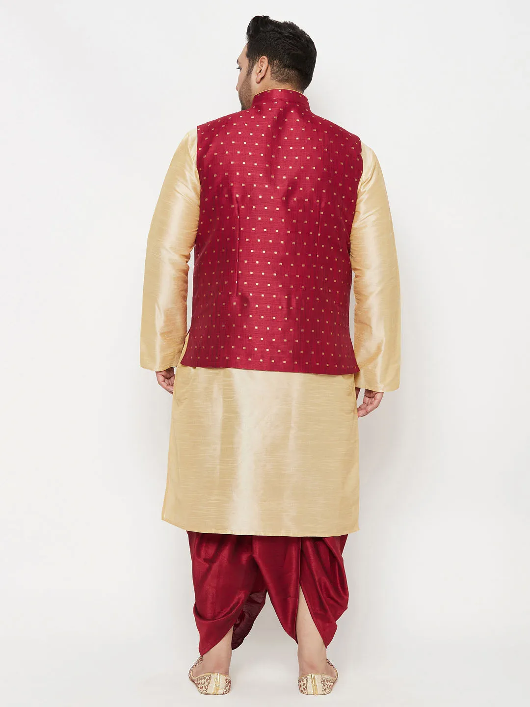 Men's Maroon Zari Nehru Jacket With Kurta Dhoti Set