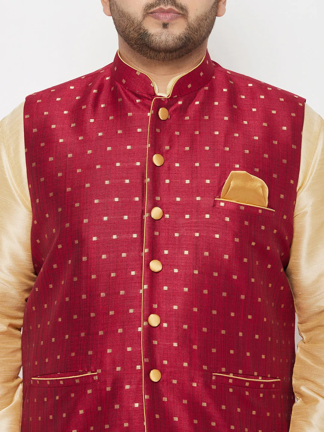 Men's Maroon Zari Nehru Jacket With Kurta Dhoti Set