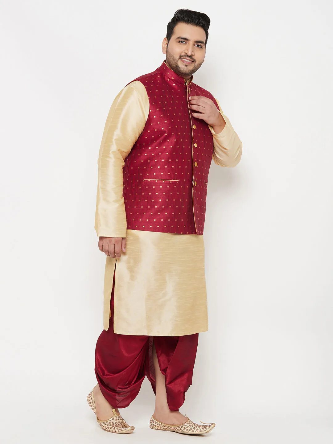 Men's Maroon Zari Nehru Jacket With Kurta Dhoti Set