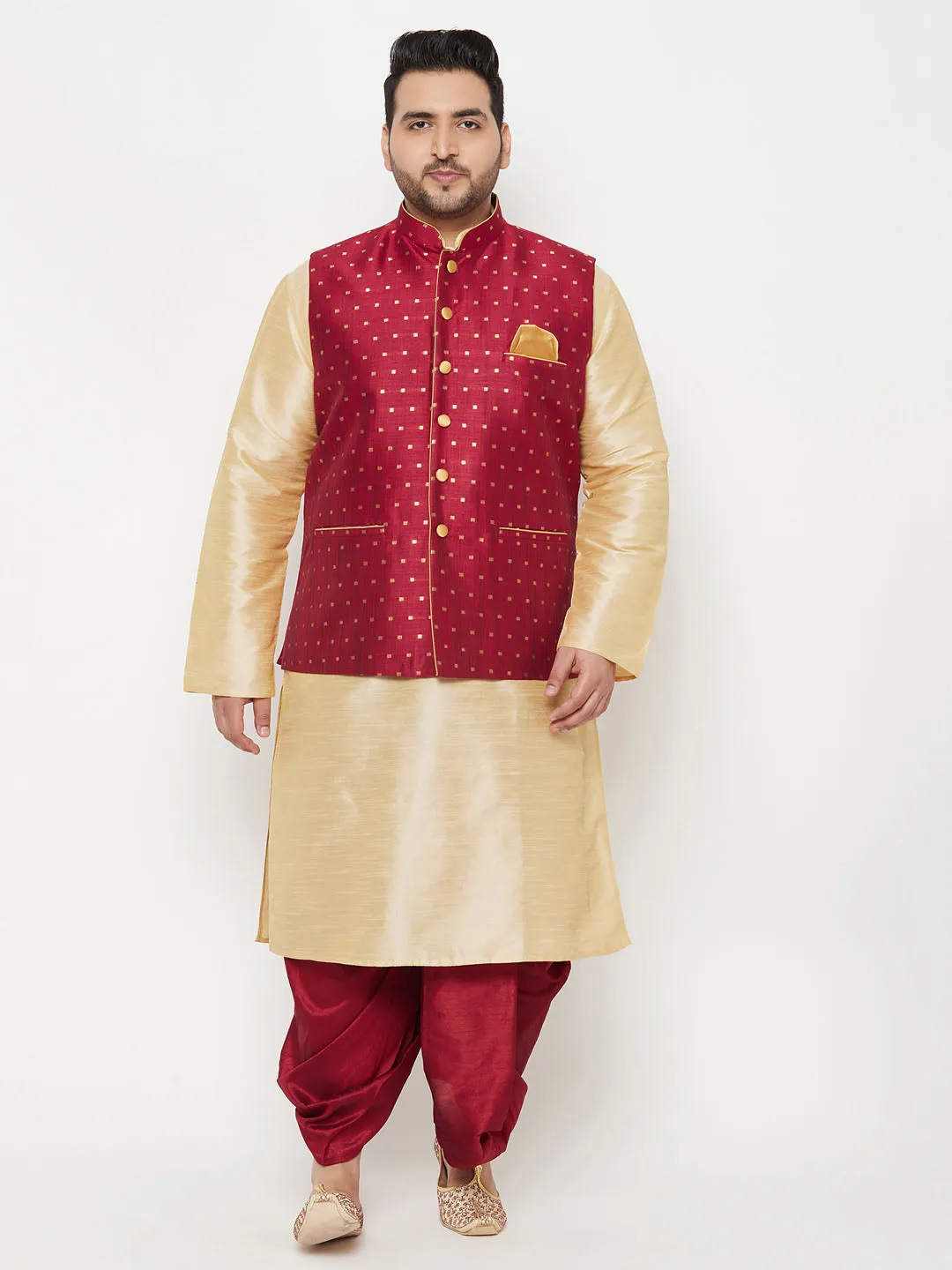 Men's Maroon Zari Nehru Jacket With Kurta Dhoti Set