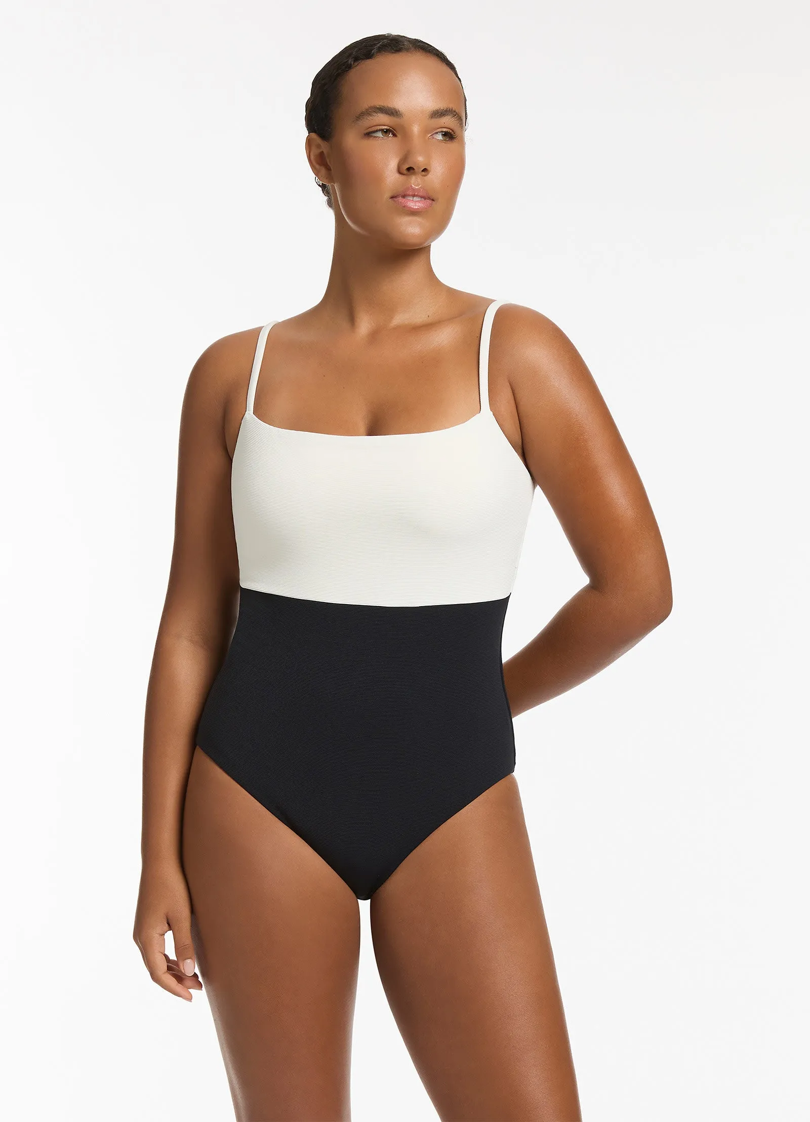 Ribbed Black and Cream One Piece Tank Swimsuit by Versa