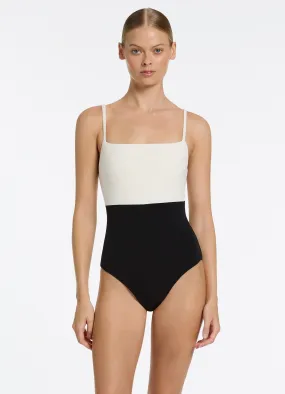 Ribbed Black and Cream One Piece Tank Swimsuit by Versa