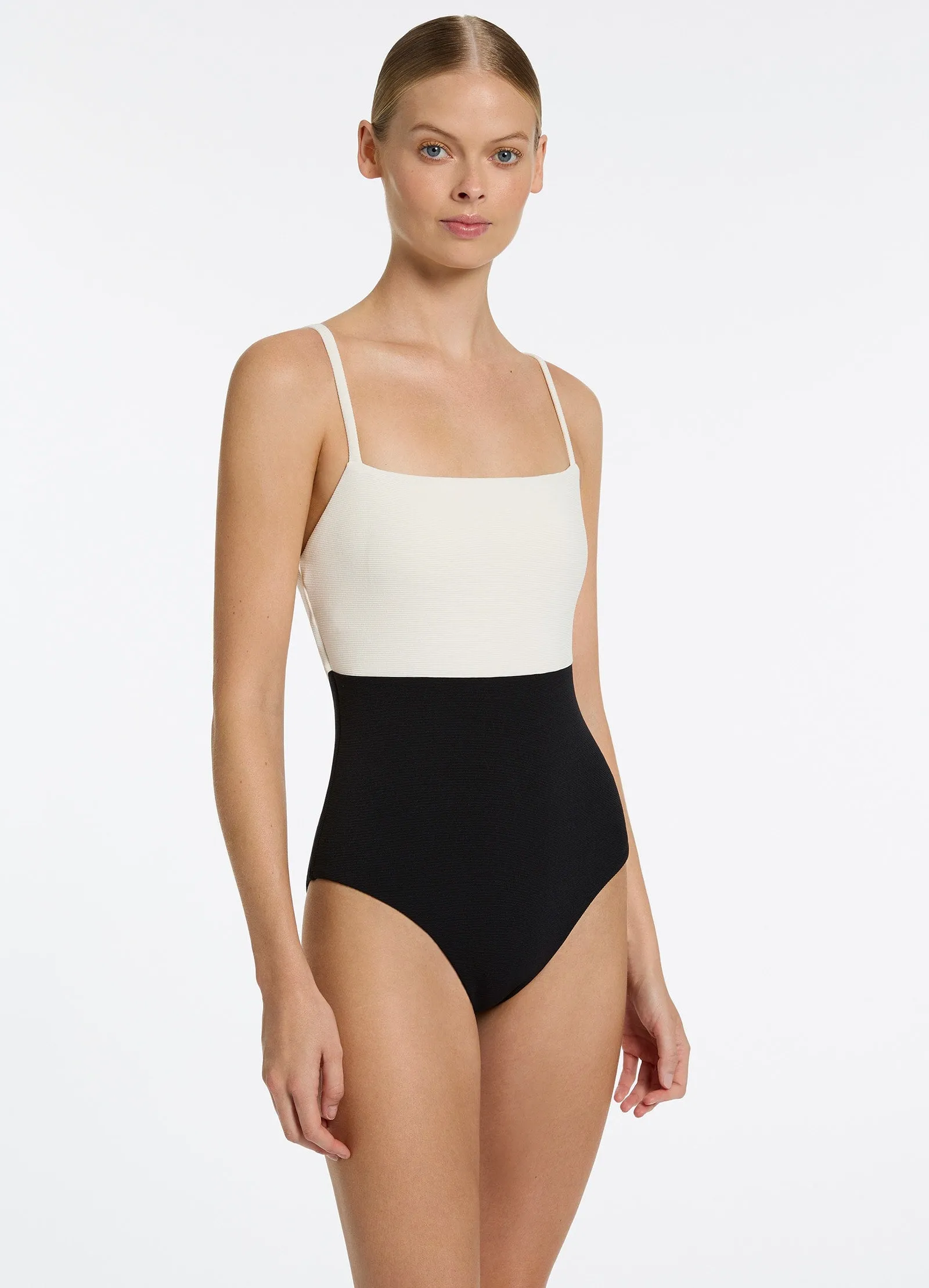 Ribbed Black and Cream One Piece Tank Swimsuit by Versa