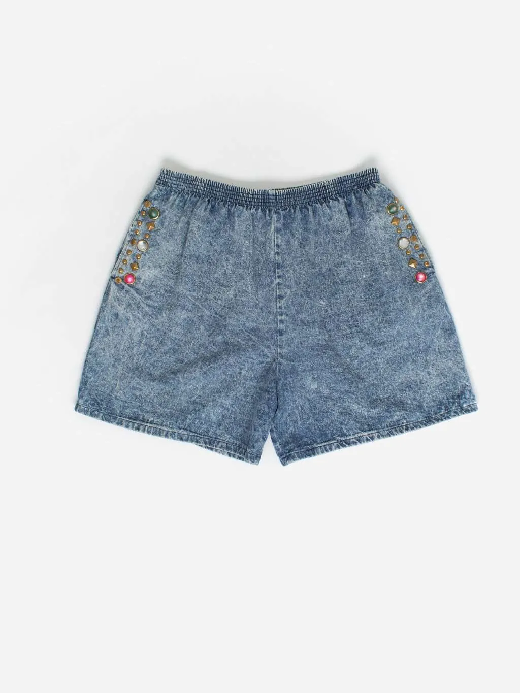 Stylish 80s Acid Wash Denim Shorts with Gem Studded Pockets - Large