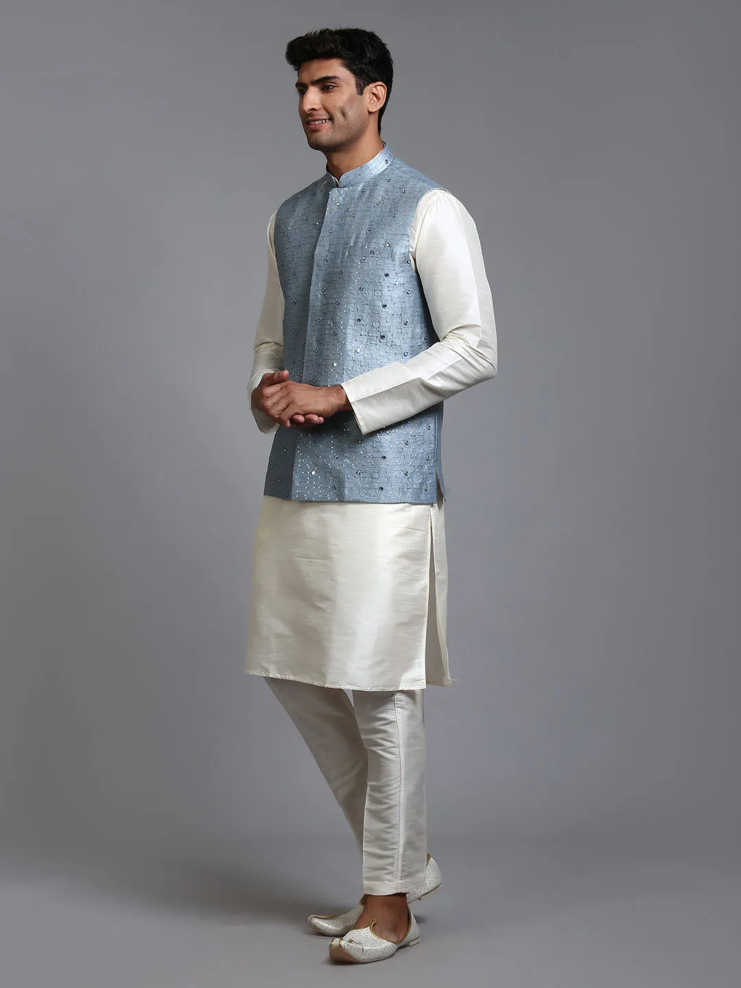 Vastramay Men's Grey Embellished Jacket Cream Kurta Pant Set