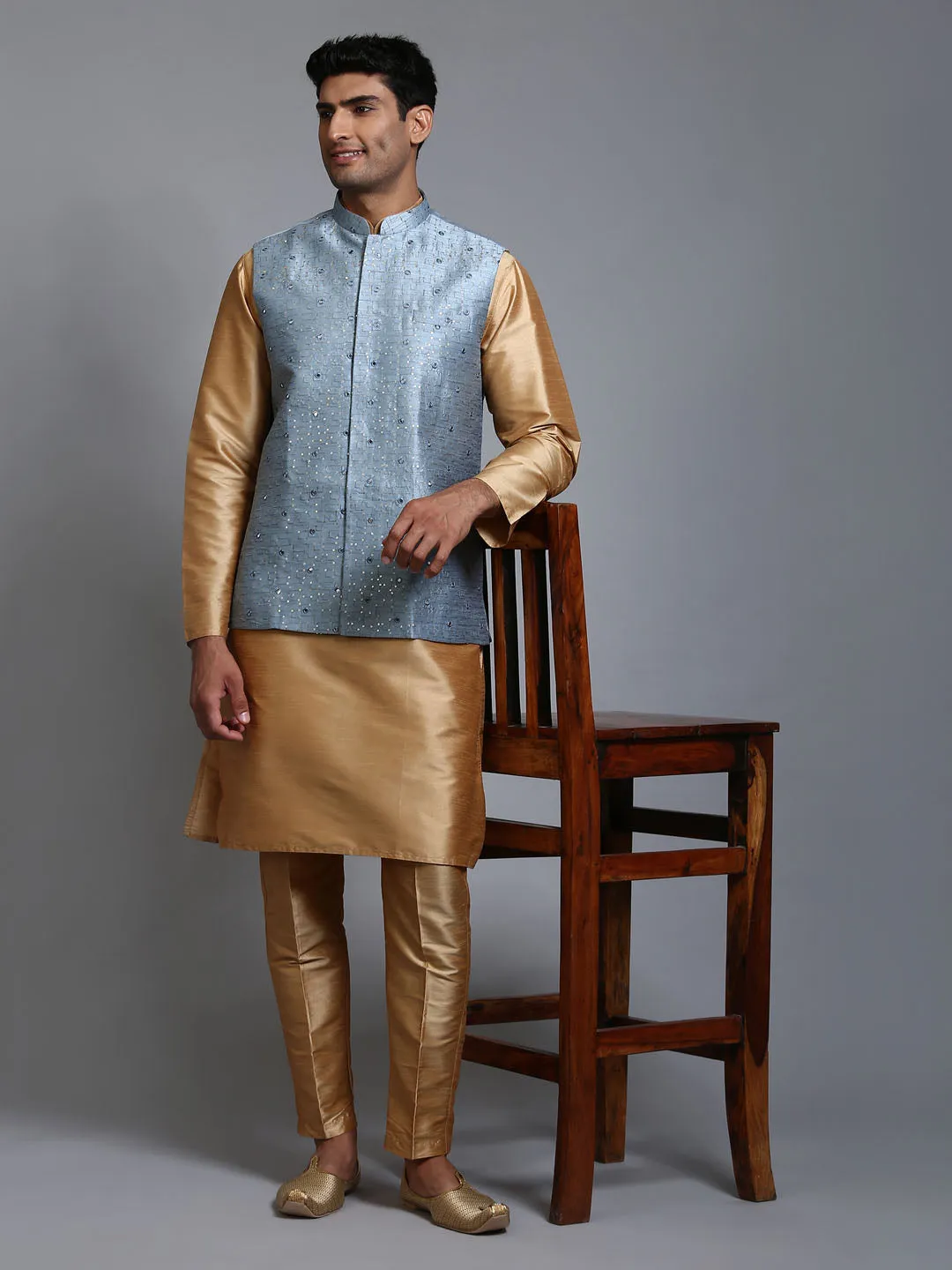 VM BY VASTRAMAY Men's Grey Embellished Jacket with Rose Gold Kurta Pant Set - Men's ethnic wear ensemble