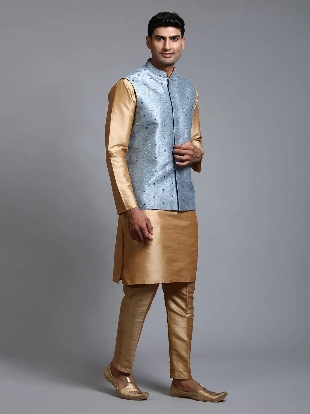 VM BY VASTRAMAY Men's Grey Embellished Jacket with Rose Gold Kurta Pant Set - Men's ethnic wear ensemble