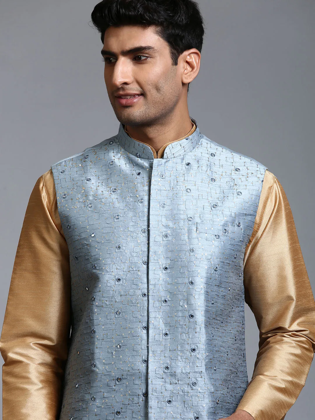 VM BY VASTRAMAY Men's Grey Embellished Jacket with Rose Gold Kurta Pant Set - Men's ethnic wear ensemble