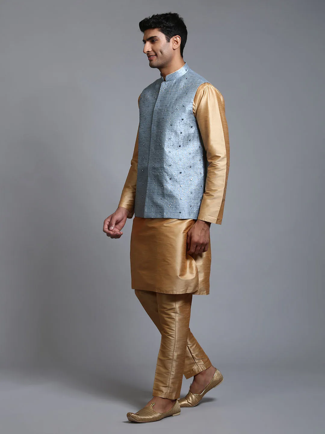 VM BY VASTRAMAY Men's Grey Embellished Jacket with Rose Gold Kurta Pant Set - Men's ethnic wear ensemble