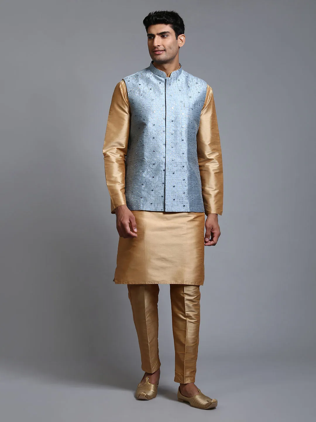 VM BY VASTRAMAY Men's Grey Embellished Jacket with Rose Gold Kurta Pant Set - Men's ethnic wear ensemble