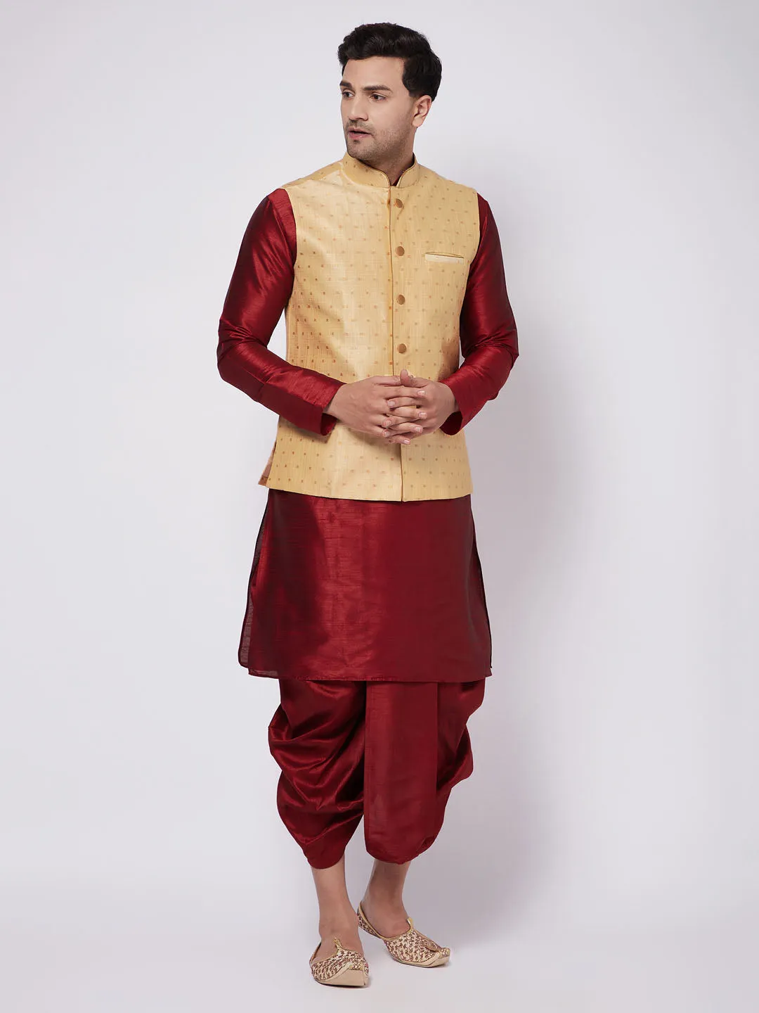 VASTRAMAY Men's Maroon Zari Weaved Jacket With Kurta Dhoti Set