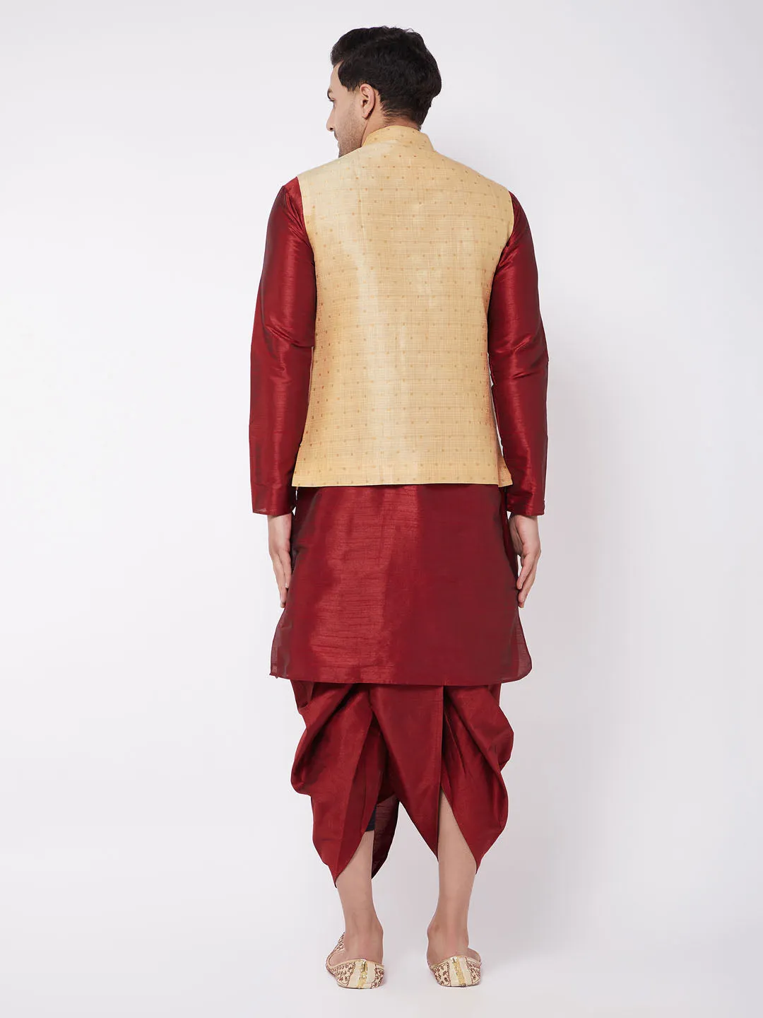 VASTRAMAY Men's Maroon Zari Weaved Jacket With Kurta Dhoti Set