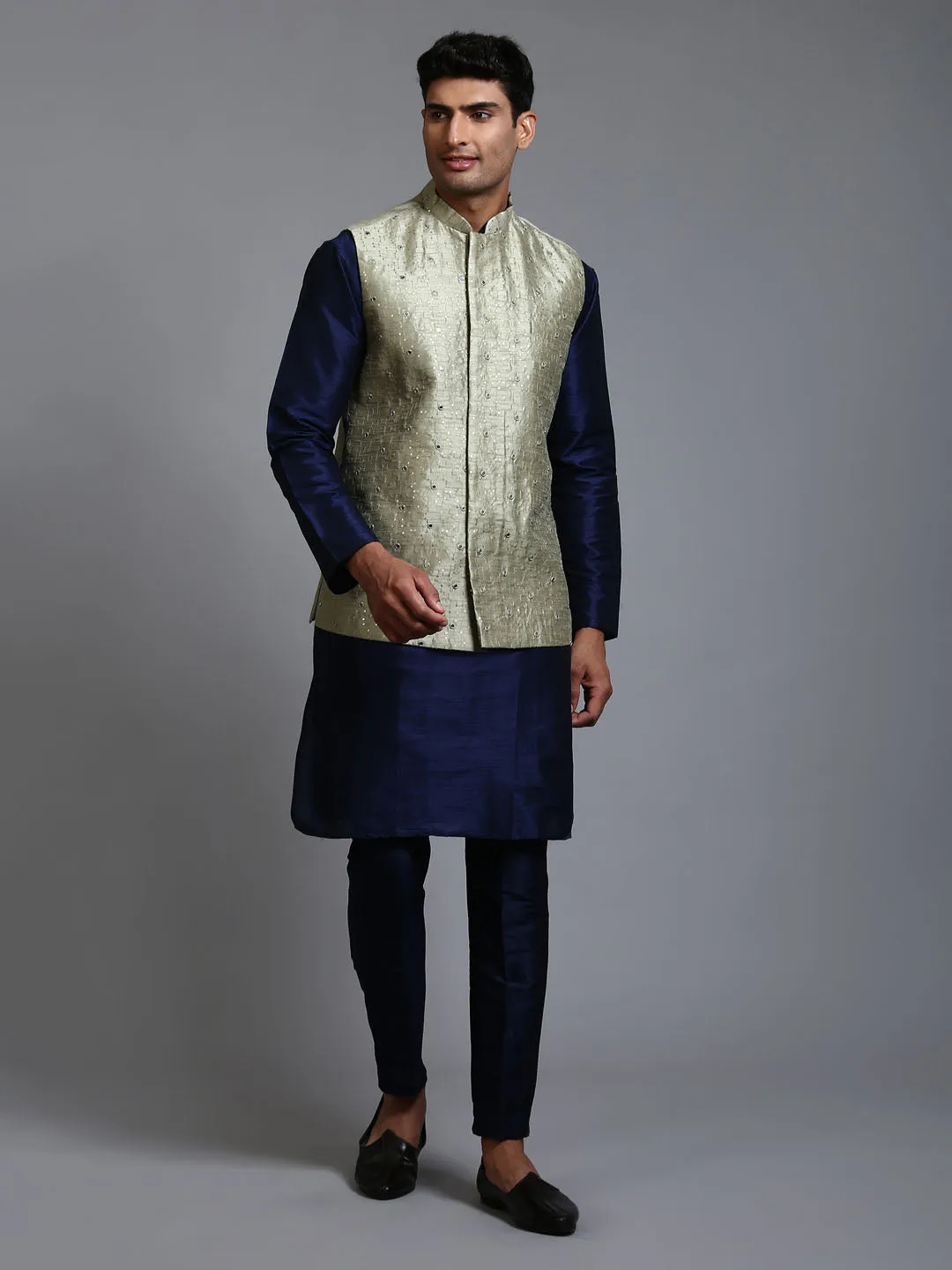 Vastramay Men's Mehndi Green Embellished Jacket with Navy Blue Kurta Pant Set.