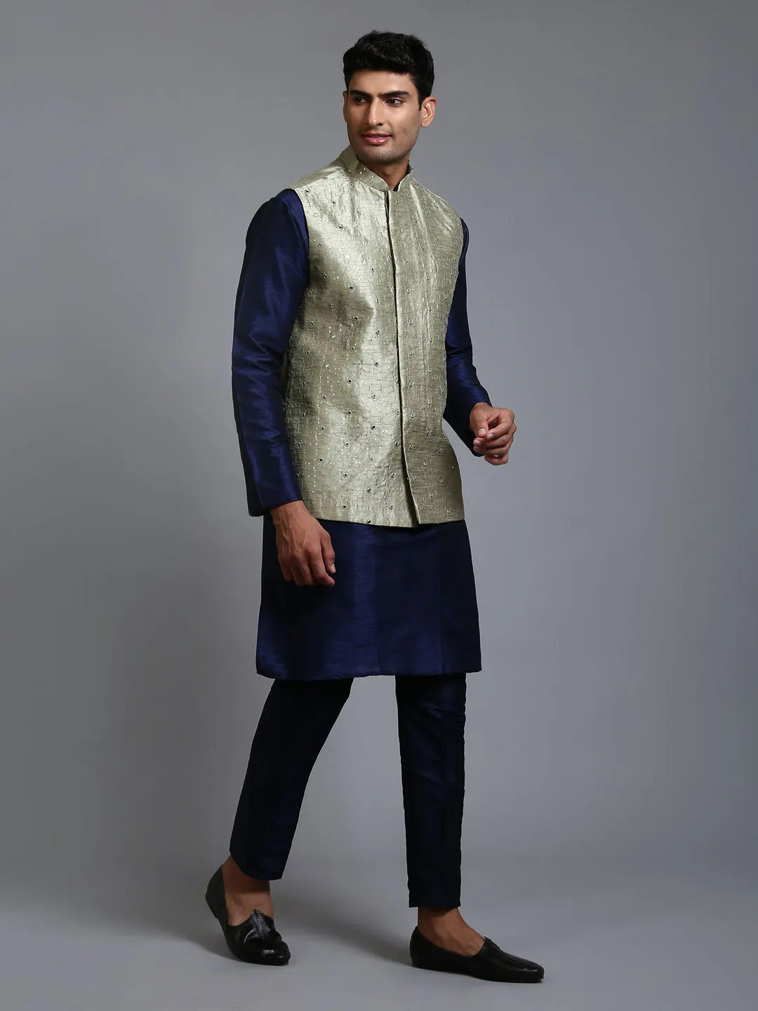 Vastramay Men's Mehndi Green Embellished Jacket with Navy Blue Kurta Pant Set.