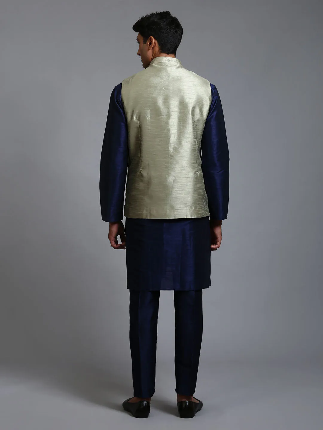 Vastramay Men's Mehndi Green Embellished Jacket with Navy Blue Kurta Pant Set.