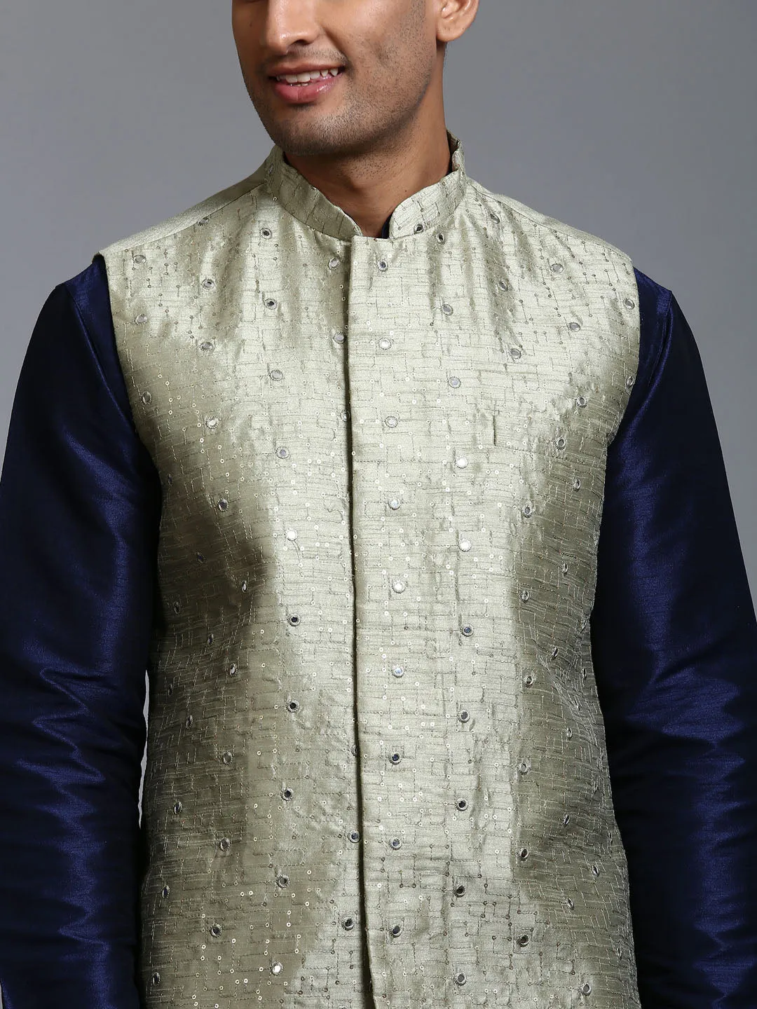 Vastramay Men's Mehndi Green Embellished Jacket with Navy Blue Kurta Pant Set.