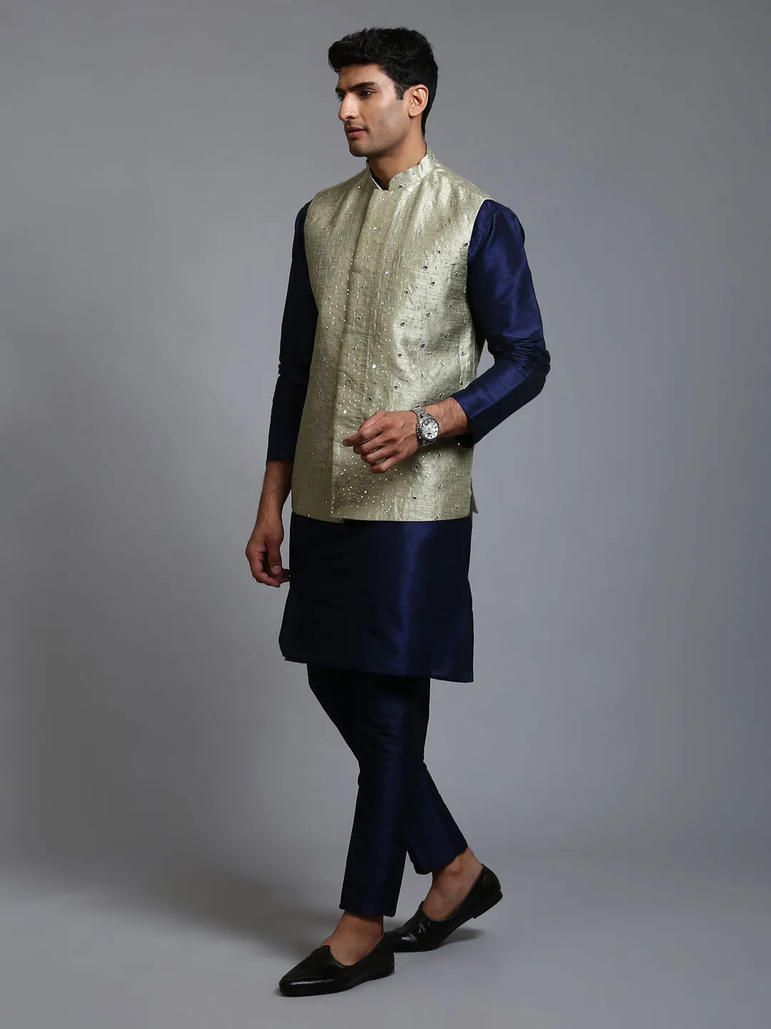 Vastramay Men's Mehndi Green Embellished Jacket with Navy Blue Kurta Pant Set.