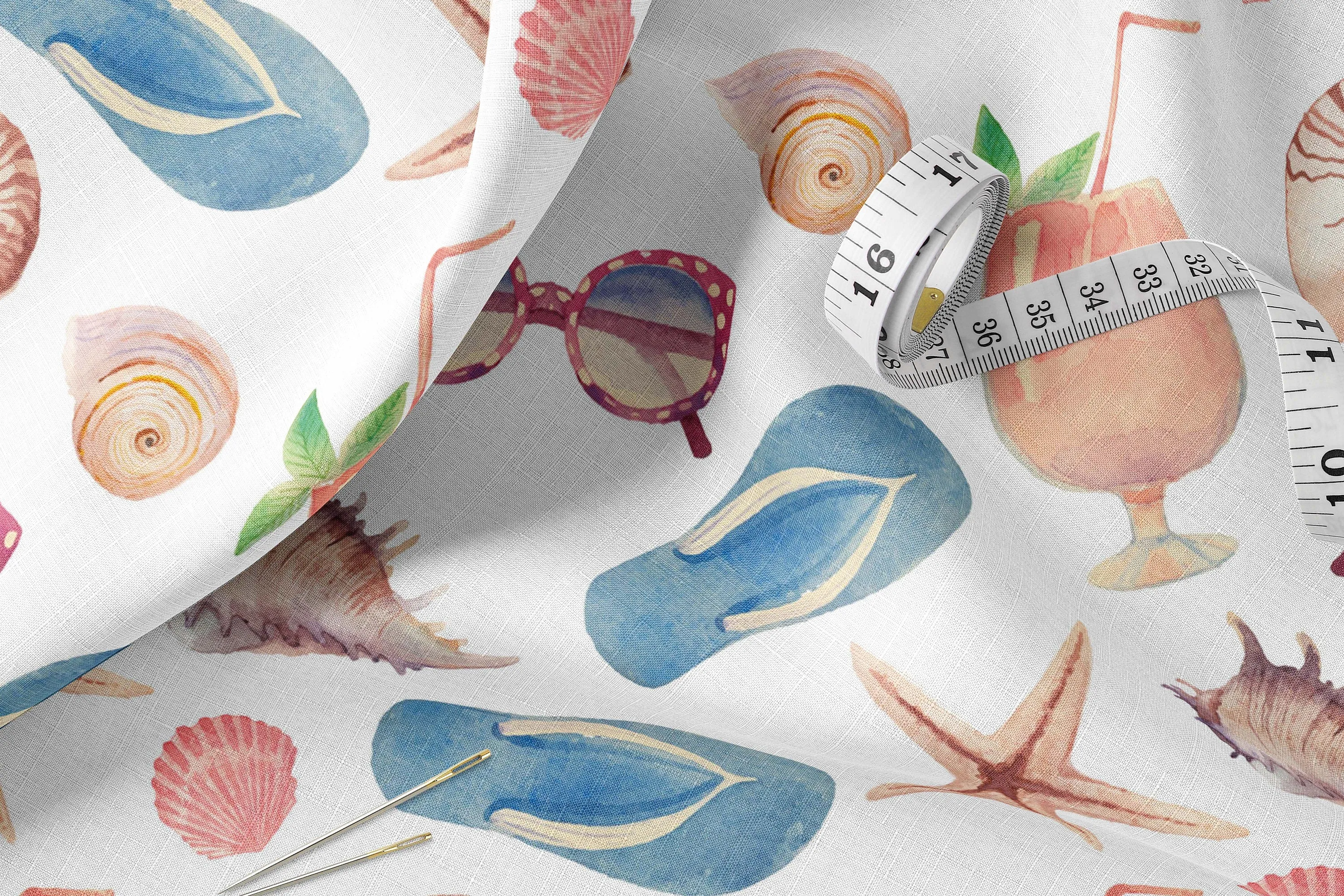 Watercolor Beach Print Linen Fabric - Yard/Meter, Ideal for Clothing, Bedding, Curtains, Upholstery